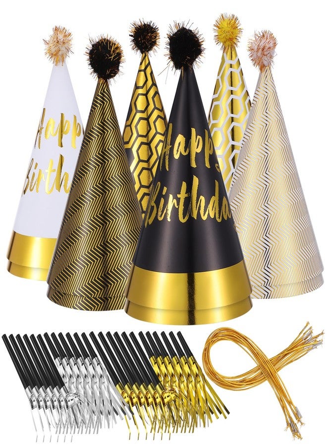 JOINPAYA 36 Pcs Birthday Party Cone Hats Set: Black Gold Party Supplies with 12 Paper Hats and 24 Noise Makers,Glitter Cone Paper Headwear for Kids and Adults - Image 1